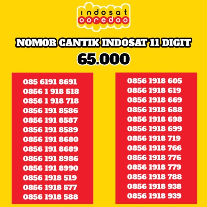 65 11 DIGIT Nomor Nomer No Nocan Cantik Antik Hoki Kartu Perdana Operator Indosat Ooredoo 4G