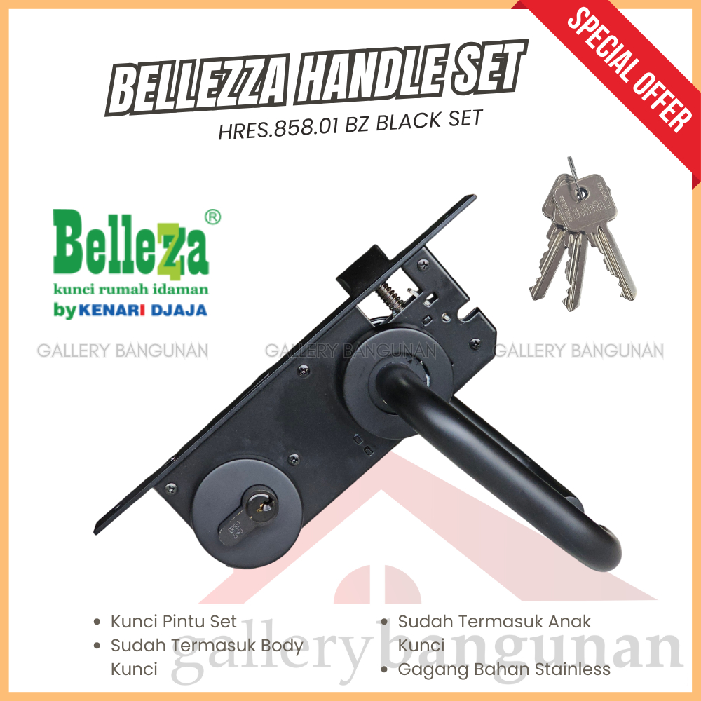 Kunci Pintu Besar Bellezza HRES.858.01BZ Black Pintu Rumah Handle Set Ukuran Komplit Kamar Gagang HR