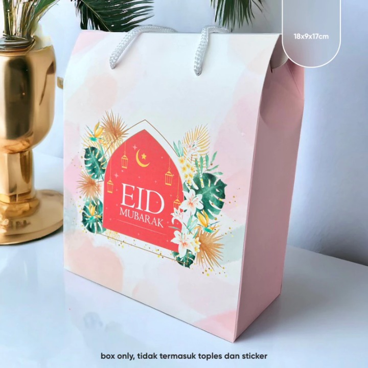 

( 10 pcs ) box kemasan kue kering edisi eid mubarak muat 2 toples jar 800 ml / 1000 ml dus hampers lebaran ukuran 18x9x17 cm