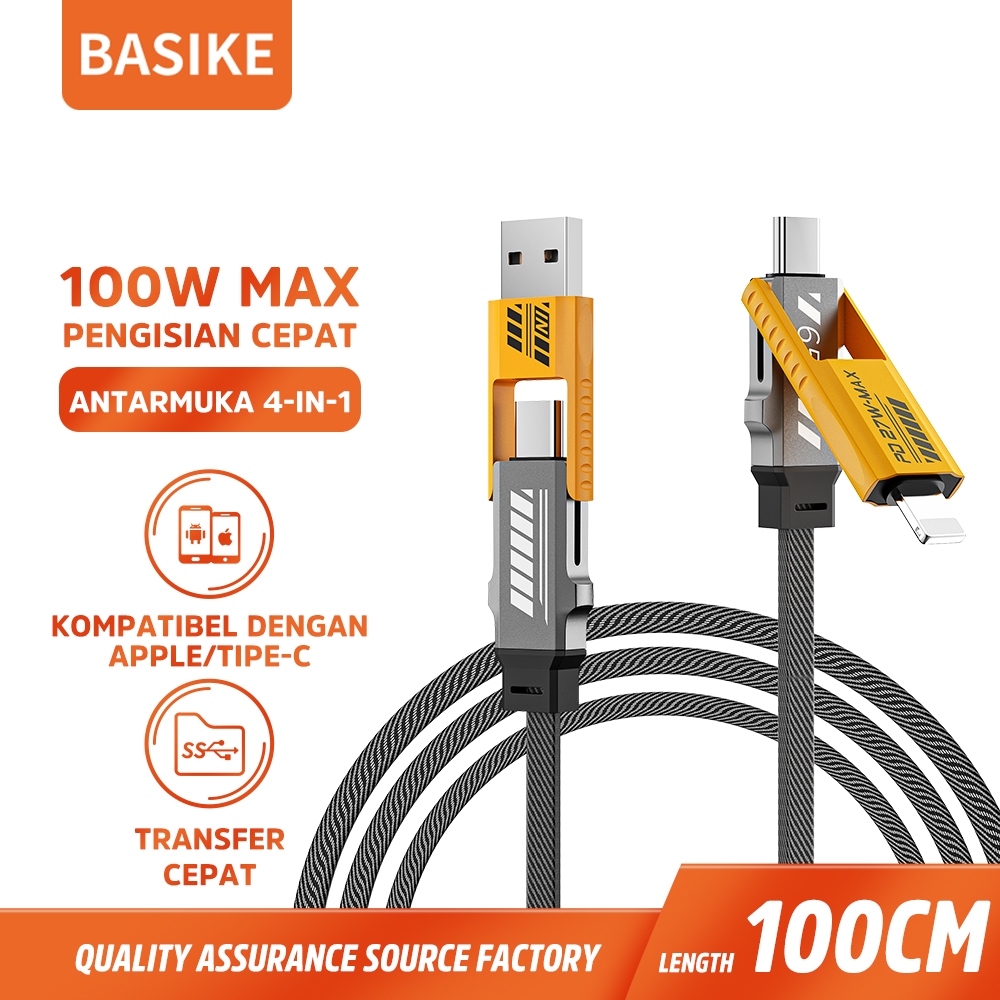 BASIKE Kabel Data iPhone Fast Charging 100W 4 in1 Type C ke Type C Lightning LCD for Samsung Xiaomi