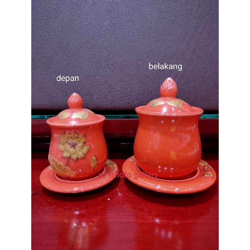GELAS KERAMIK TUTUP MOTIF TERATAI/LH MERAH ANN/gelas sembayang/gelas keramik tutup