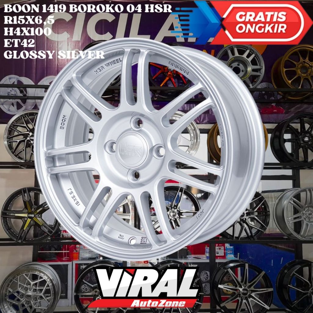 Velg Mobil Ring 15 HSR BOON R15 LEBAR 6,5 LOBANG BAUT 4 ET42 SILVER