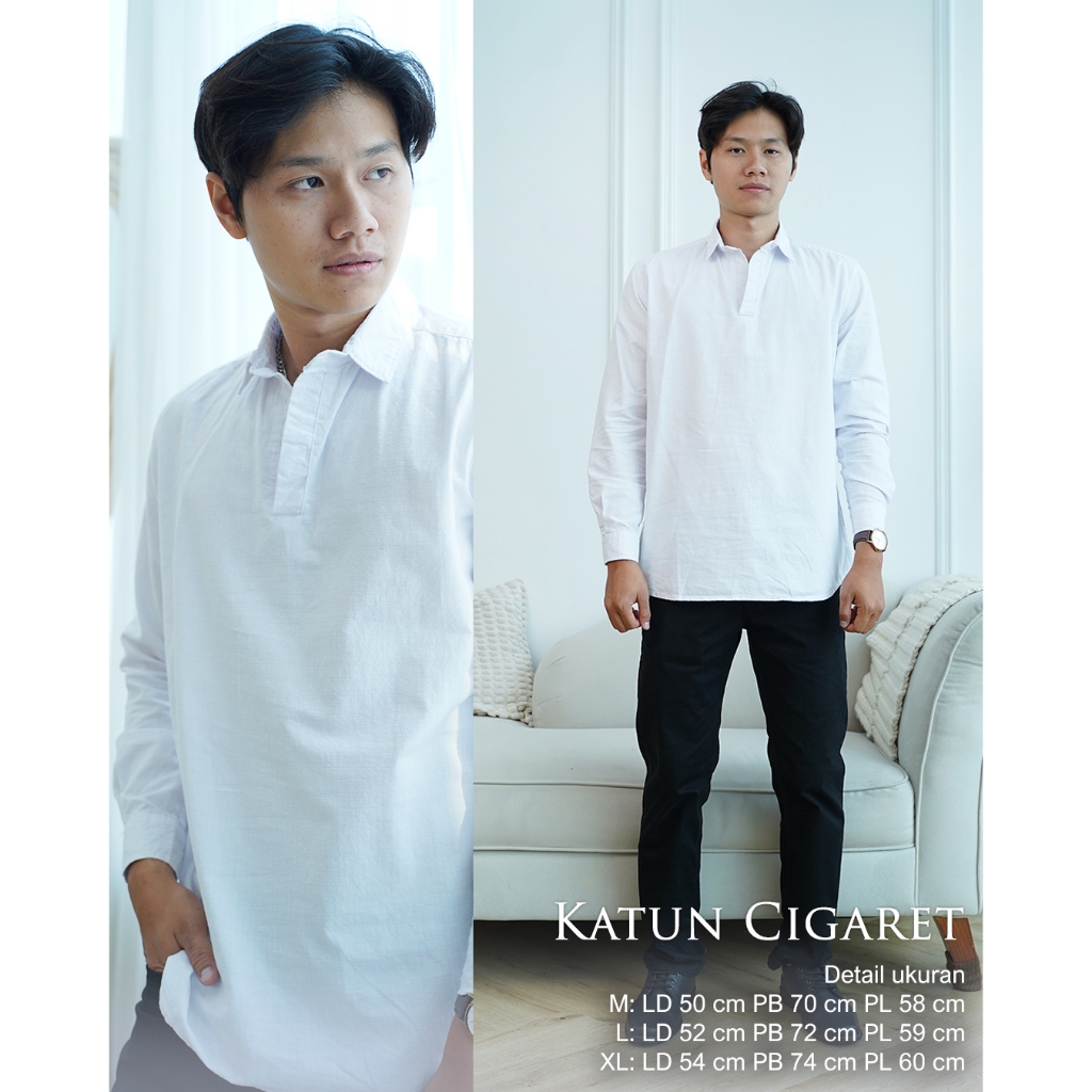 SallMan|| Kemeja Pria Lengan Panjang Korean Style Kerah V Neck|| PUTIH