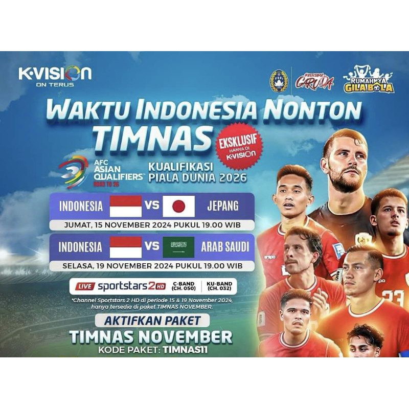 Voucher Paket Timnas Kualifikasi Piala Dunia 2026 KVISION Paket Bola Timnas K-Vision Promo