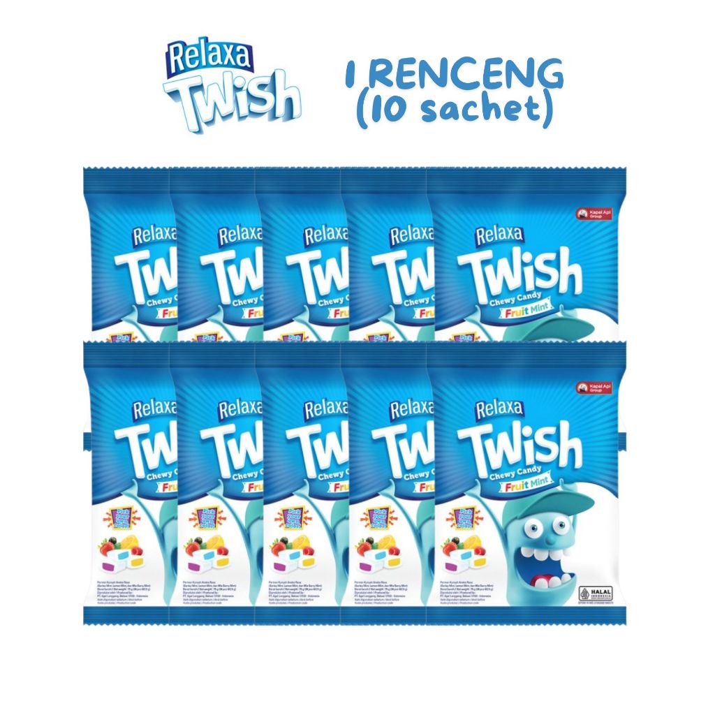 

Relaxa TWISH RENCENG (12,5gr X 10 Sachet) Permen Kunyah Aneka Rasa Buah Chewy Candy Fruit Mint