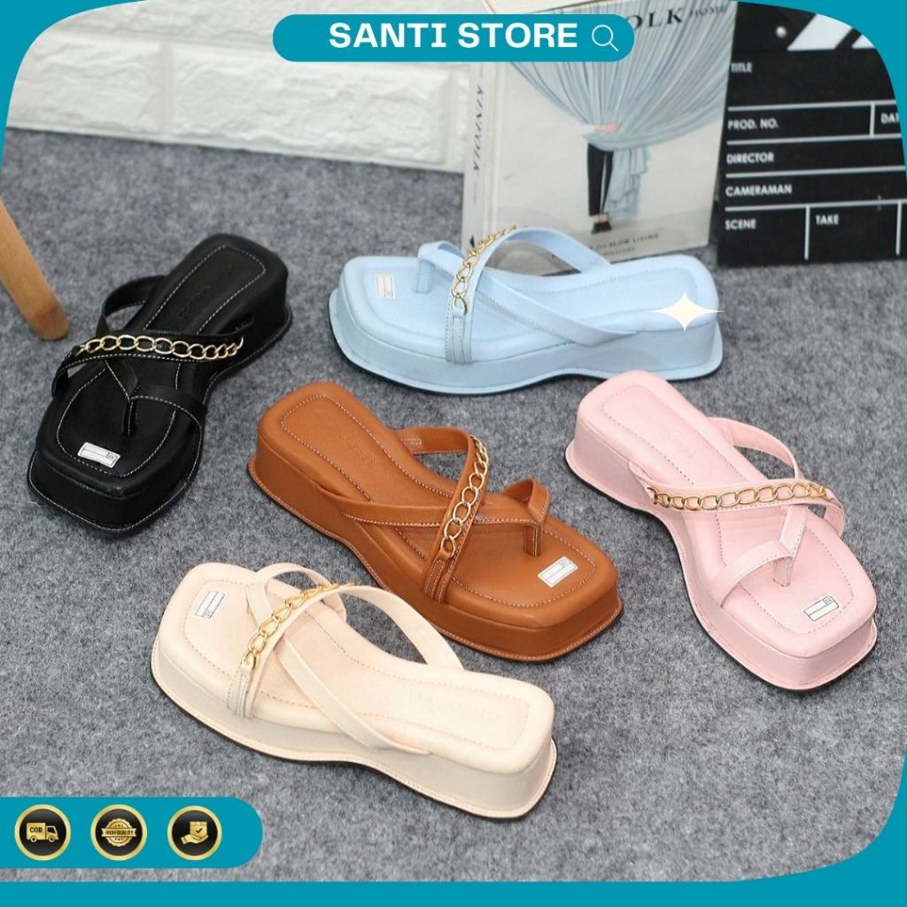 SANTI SHOES - SENDAL WEDGES PLATFROM TALI JEPIT VARIASI RANTAI SANDAL HANGOUT EMPUK MK 01