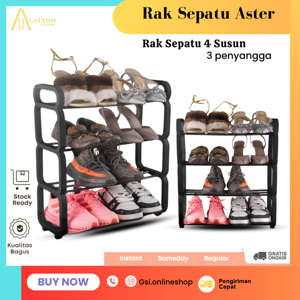 [GSI] - Rak Sepatu Hitam / Rak Sepatu 4 Susun / Tempat Penyimpanan Sepatu Aesthetic