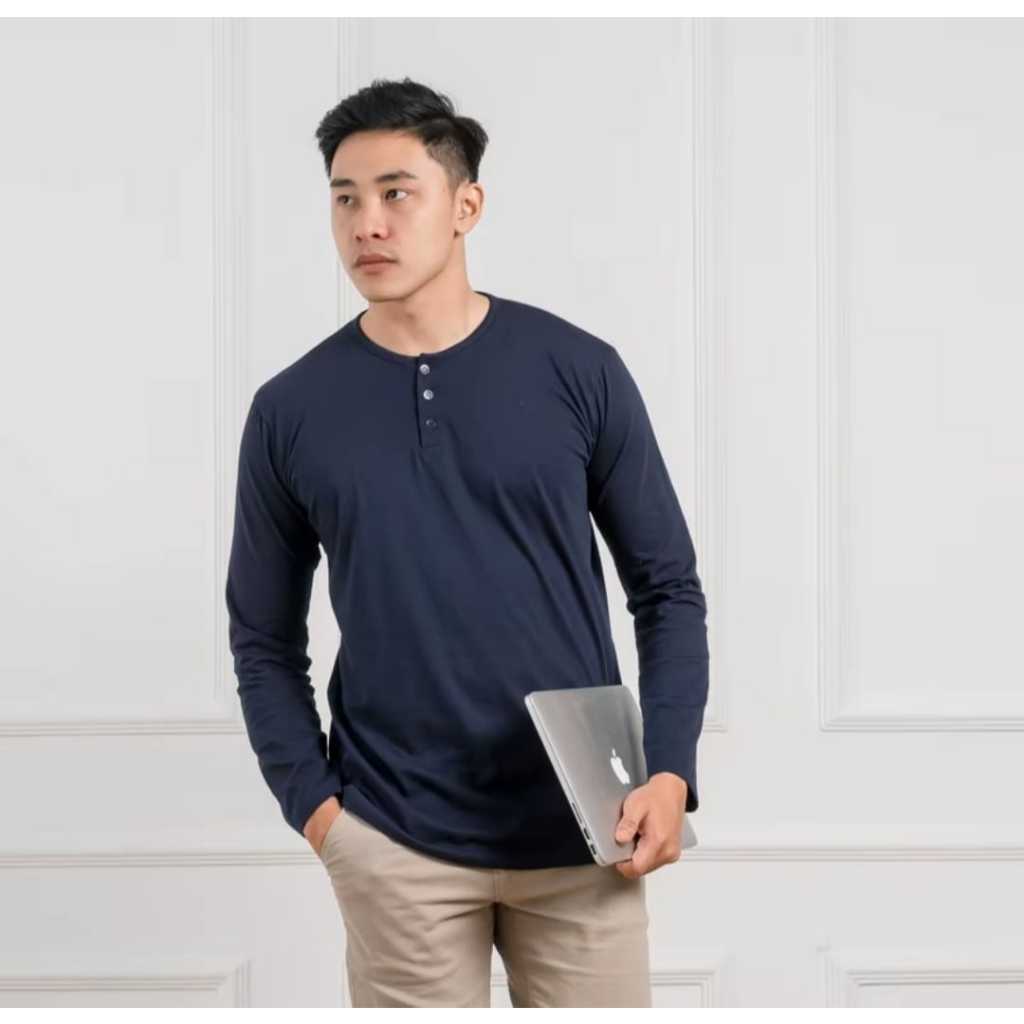 kaos polos pria lengan panjang kaos kancing Kaos Henley Polos Lengan Panjang Kaos kancig tiga keren