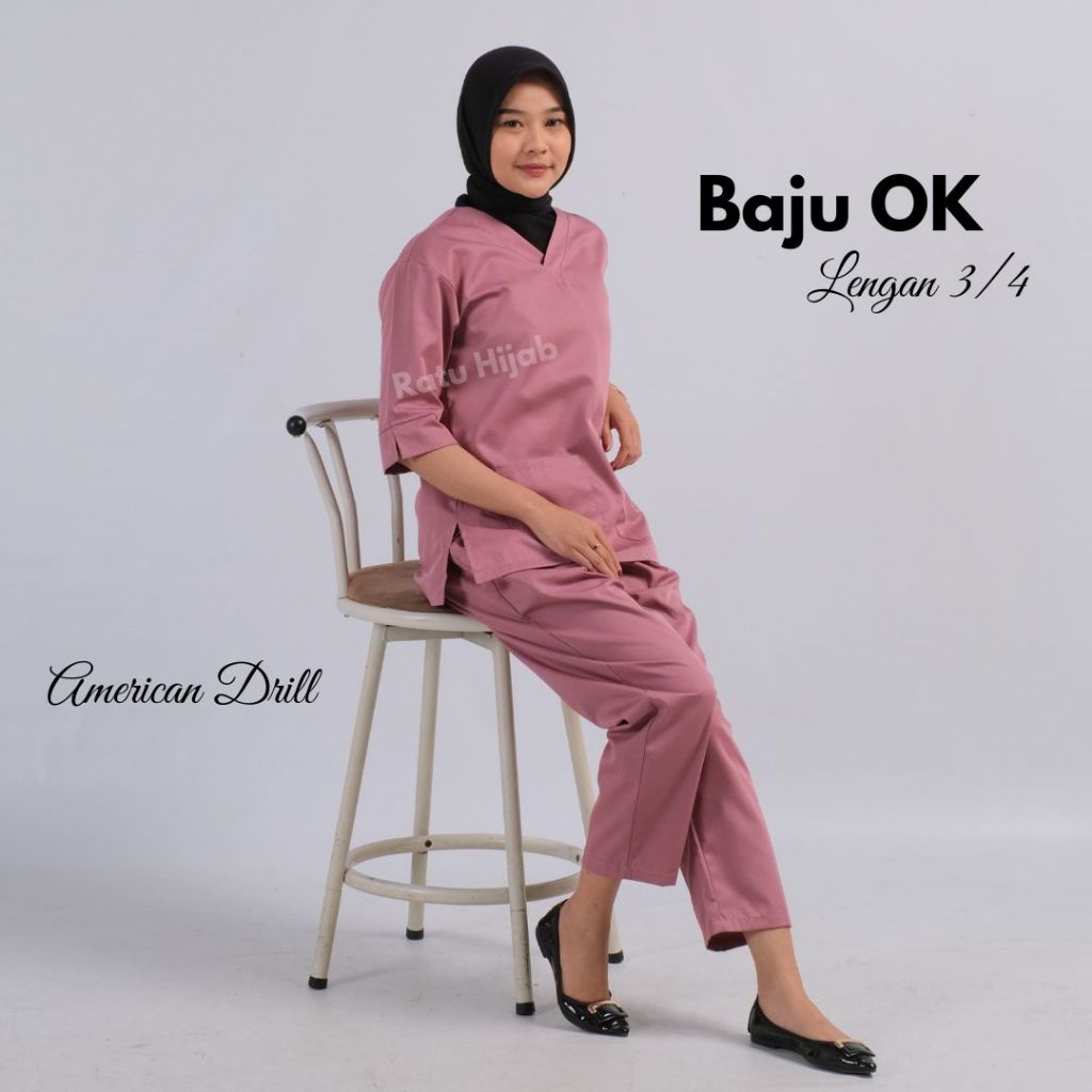 Baju OK Lengan 3/4 Pakaian dinas perawat nakes bahan American Drill