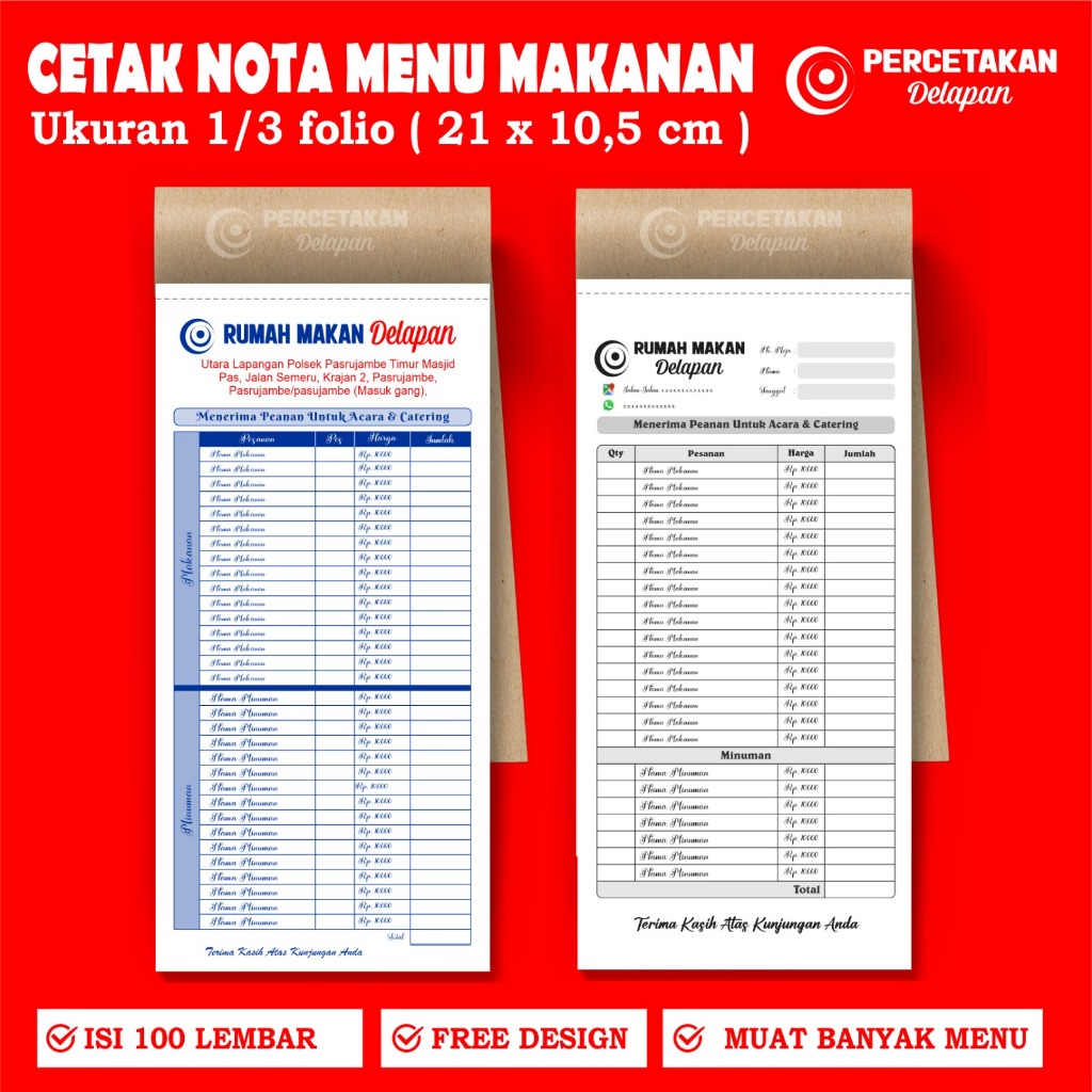 cetak nota menu makanan custom 1 ply / 2 ply