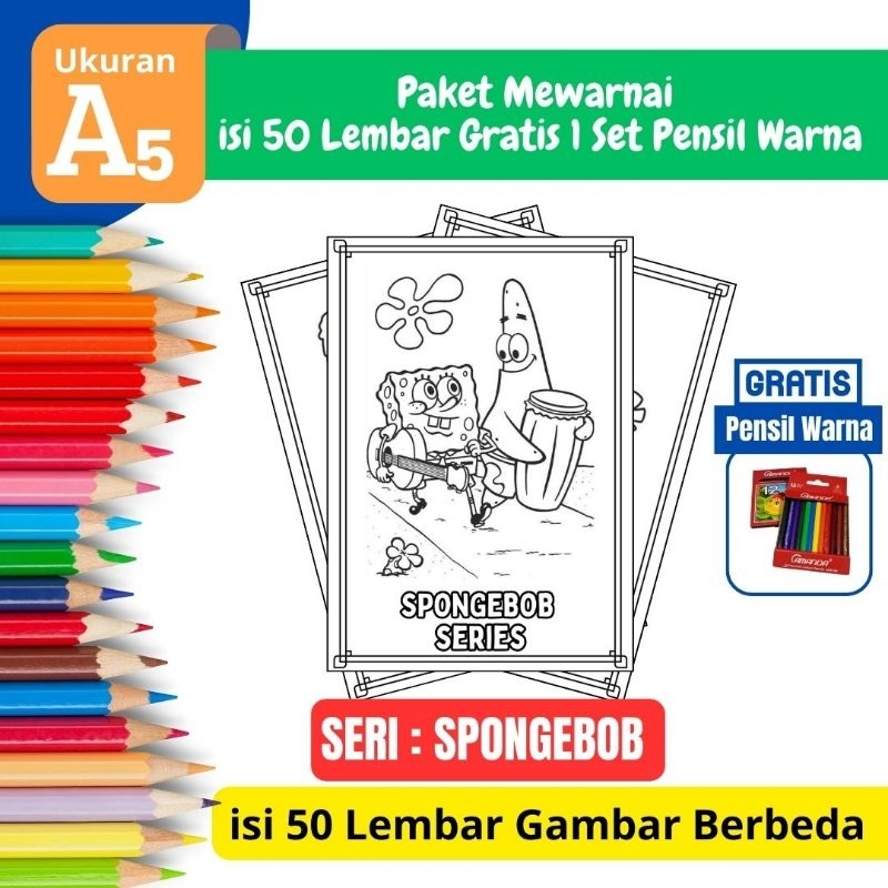 

[ SERI SPONGEBOB ] PROMO Termurah Paket 50 Lembar Gambar /Kertas Gambar Mewarnai Anak Gratis Pensil Warna - Ukuran A5 Tebal - SERI SPONGEBOB