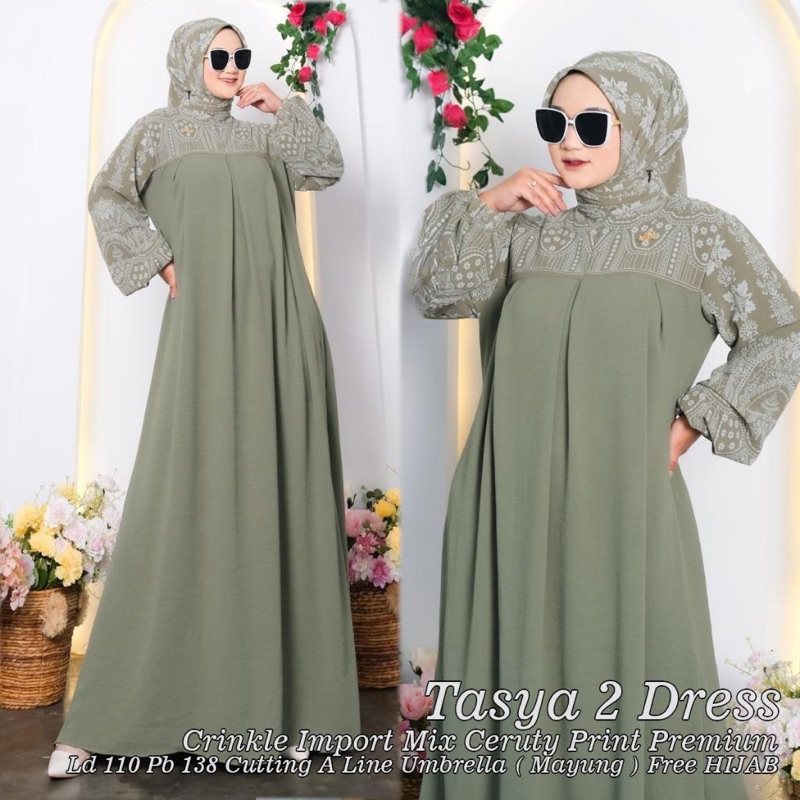 GAMIS TASYA DRESS CRINKLE IMPORT MIX CERUTY PRINT PREMIUM FREE KERUDUNG SEGIEMPAT BUSUI DAN WUDHU FR