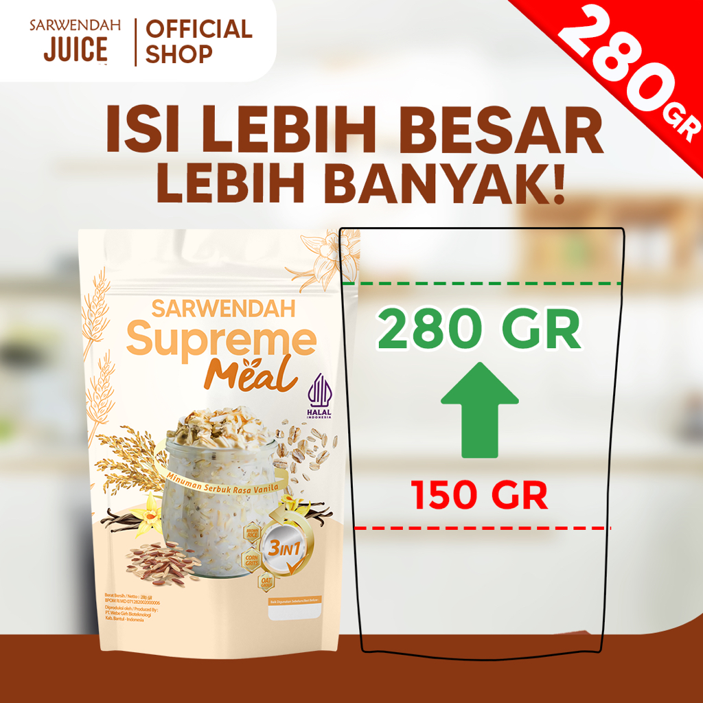 

GFD Sarwendah Juice (Supreme Meal 280 gr) Meal Pengganti Sarapan Vanila / Cokelat 1 Pouch 280gr