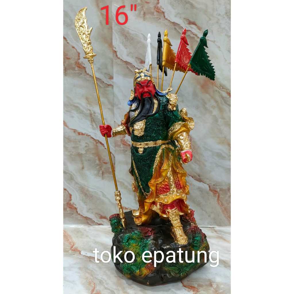 patung dewa kwan kung / kwan kong -16 inch fiber - 5 bendera - l1 - fj24