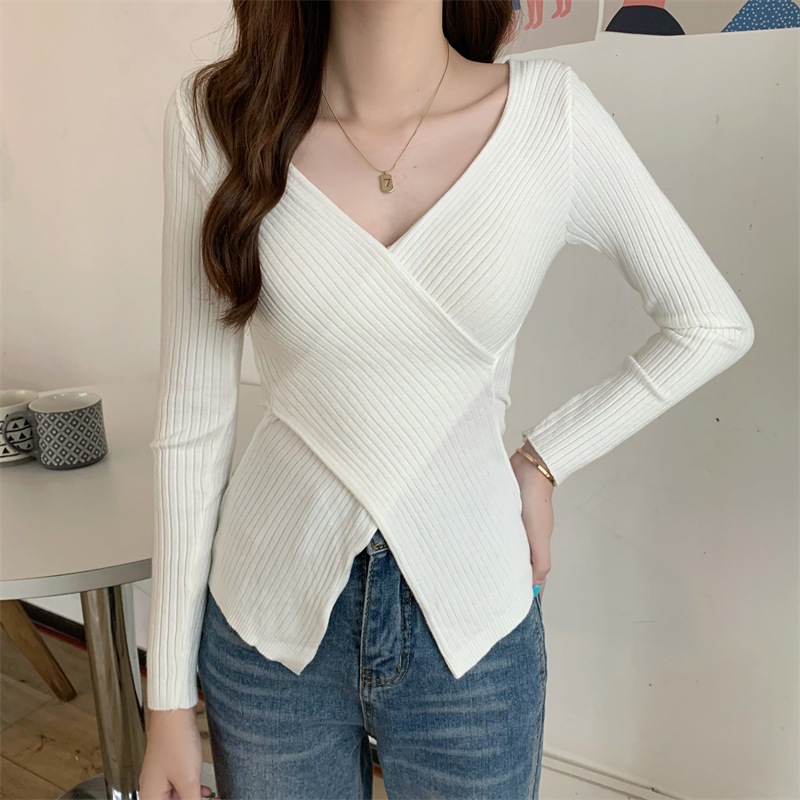 Atasan Rajut Lengan Panjang Wanita Kaos Vneck Knit Rajut Style Korea