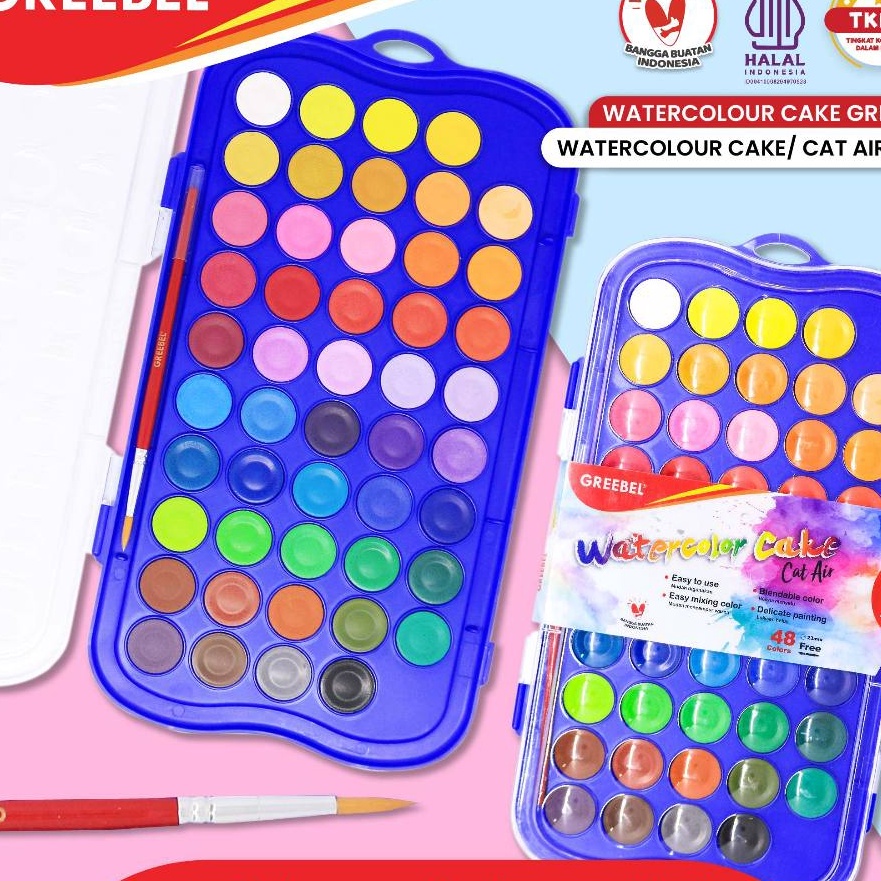 

FG2 GREEBEL Cat Air Isi 48 Warna Watercolor Cake Gratis Kuas 48C CAKE Cat Air Cat Lukis Melukis Mewarnai