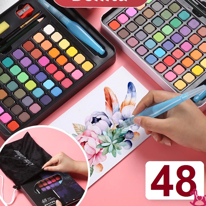 

Istimewa 24H COD48 Watercolor Set Cat Air Set Bonus Kuas dan Kes Gambar Cat Air Padat Solid Watercolor Set 36 48 Warna Cat Air
