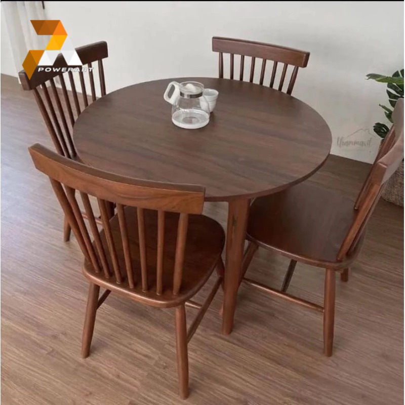 SET MEJA MAKAN BULAT KURSI CAFE KAYU JATI DIAMETER 100CM (TEBAL FULL 3CM)