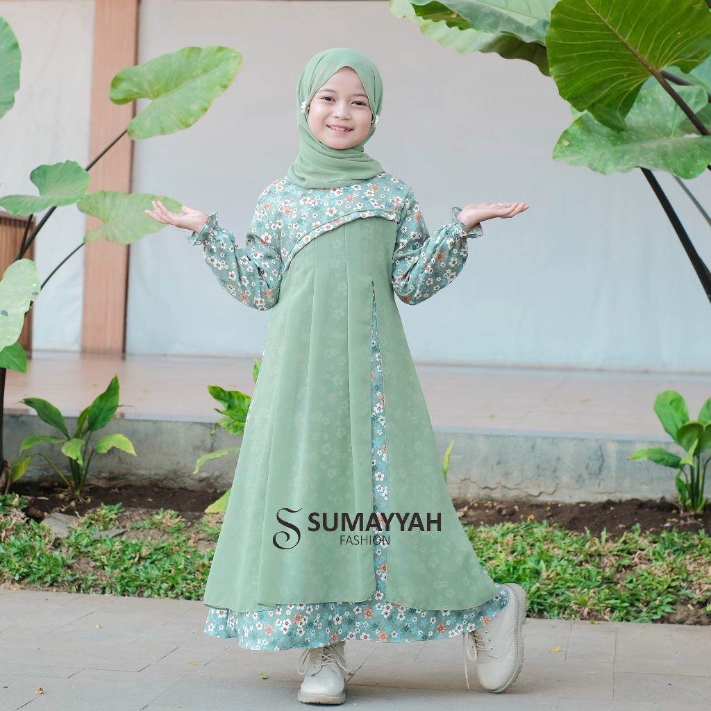 READY STOCK Sumayyah- Gamis Anak Set Hijab Pashmina Shakila Motif Bunga Mix Ceruty Babydoll Usia