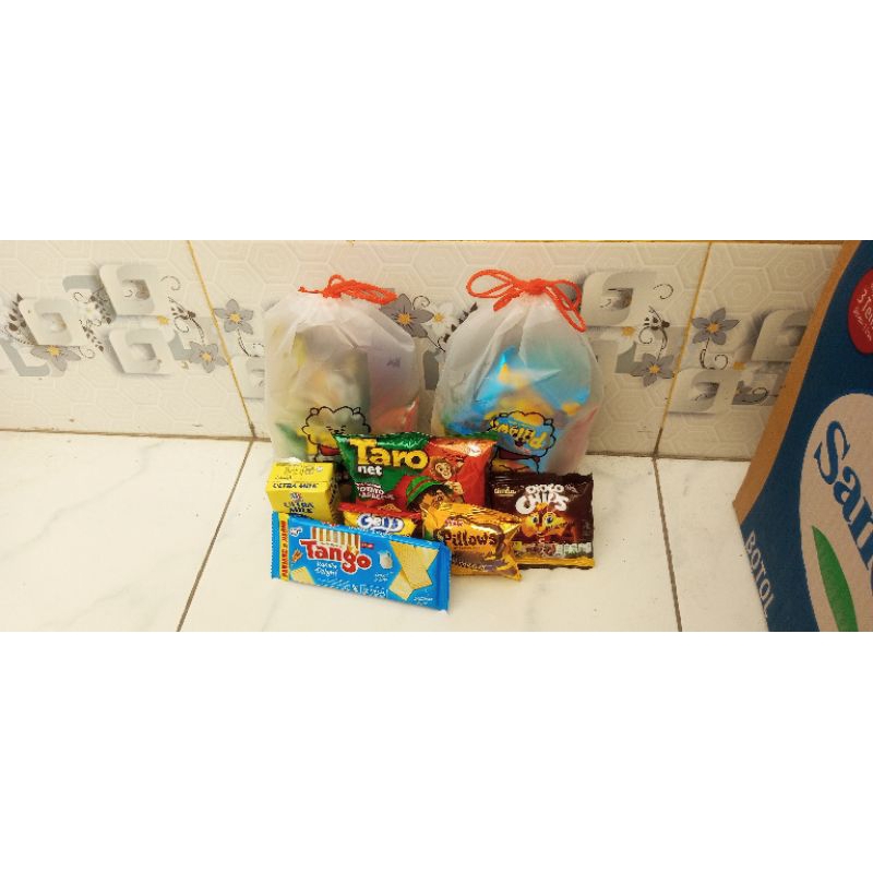 

Hampers Snack ultah anak Bingkisan Snack ultah pouch serut Ma