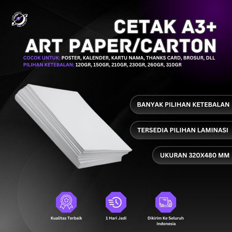 

Cetak A3+ Kertas Art Paper Art Carton Majalah, Brosur & Leaflet, Poster & Kalender, Flyer Promosi, Sertifikat atau Piagam, Kartu Nama, Packaging Produk, Cover Buku atau Majalah, Undangan Pernikahan atau Acara Khusus, Menu Restoran, dan Display Produk