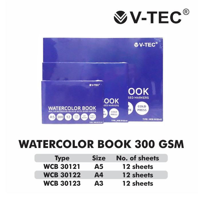 

V tec Water Colour Book Cold Press WCB 30121 12 SHEETS/300GR Ukuran A5 A4 A3