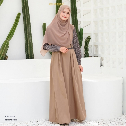 Baju muslim motif kotak Overall Alika Michan Gamis busui Syari Gamis Kotak Kotak Overall Katun Linen