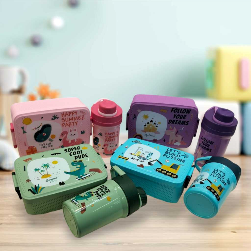 PAKET LUNCH BOX SET BOTOL MINUM ANAK KARAKTER LUCU Kotak Bekal Makan + Botol Minum