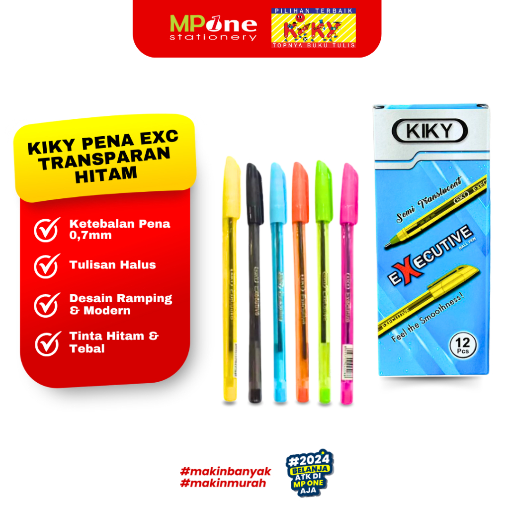 

(1 KOTAK) Kiky Pena Exc Transparan Tinta Hitam 0,7mm / Kiky Pulpen Murah Executive Ballpoint Isi 12 Warna