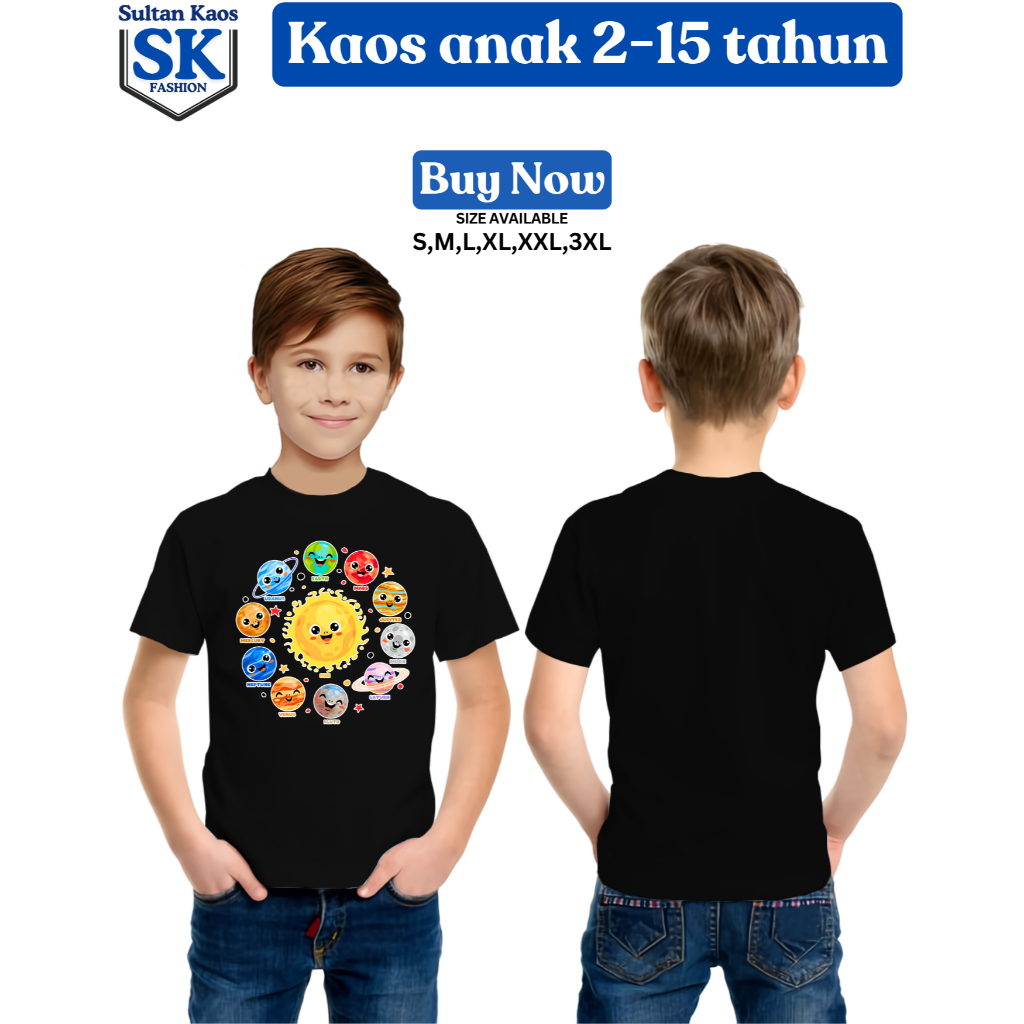 Baju Kaos Anak-Anak Planet Tata Surya | T-shirt Distro Anak Lengan Pendek | Pakaian Tata Surya Anak-