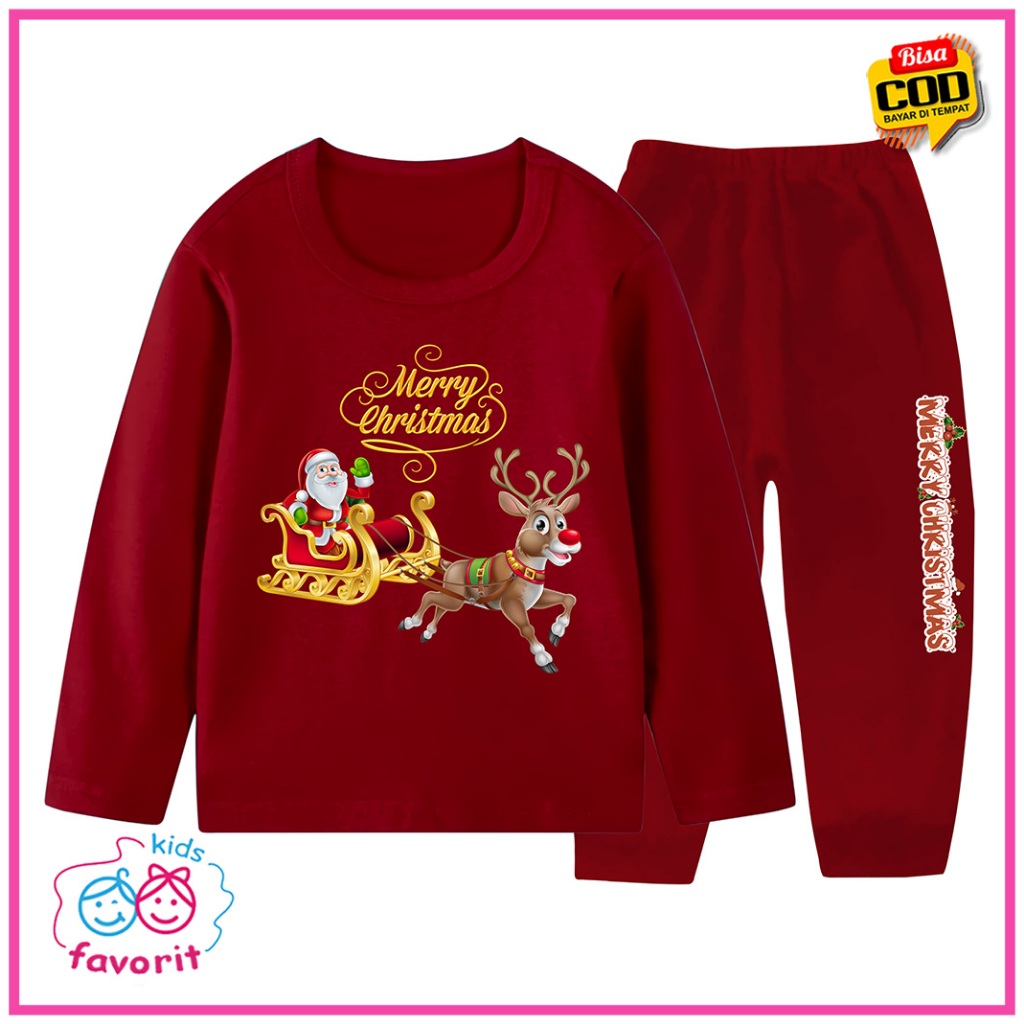 Piyama Baju Natal Anak Perempuan Santa Claus Lengan Panjang Celana Panjang 3 Tahun - 10 Tahun