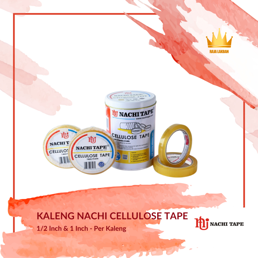 

Selotip Bening Isolasi Nachi Cellotape 0.5 inch 12 mm, 1 inch 24 mm 72 Yards - Kaleng