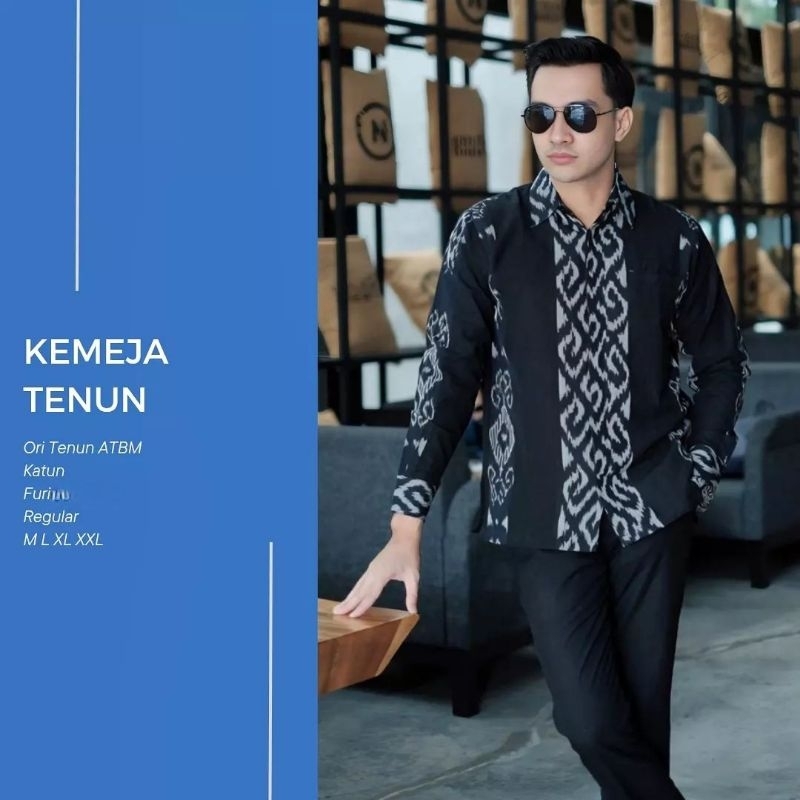 Kemeja tenun pria etnik jepara motif toraja warna hitam lengan panjang
