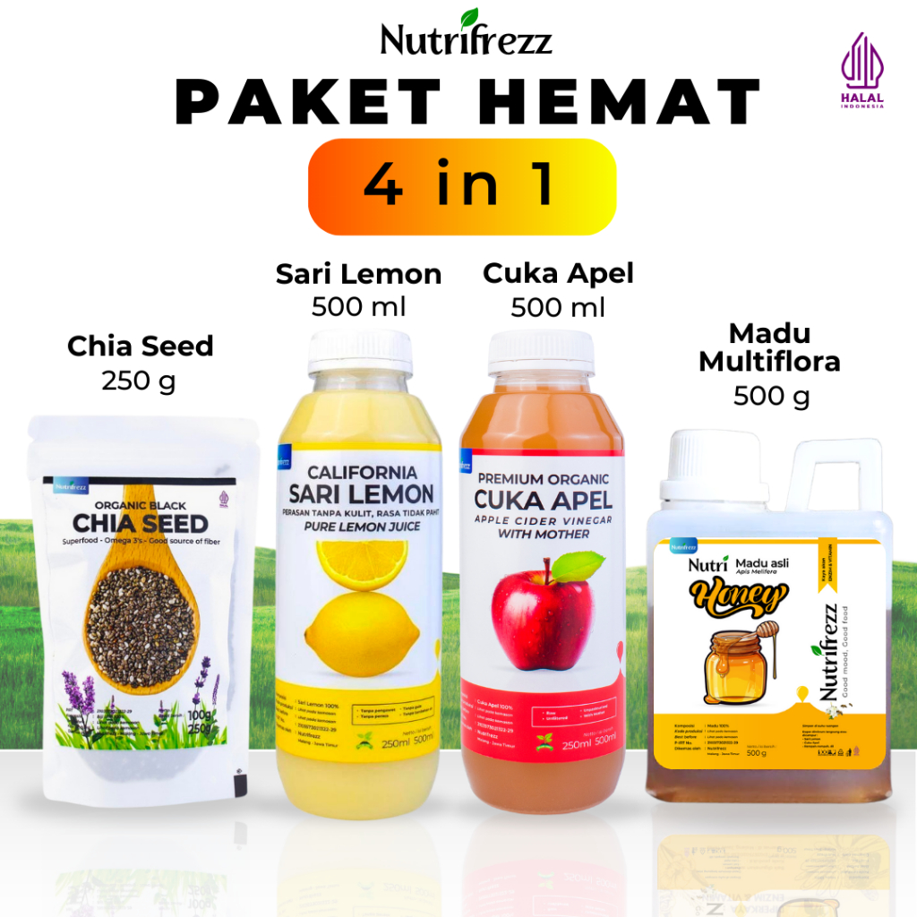 

Nutrifrezz - Paket Diet Glow - 4 in 1- Chia Seed – Madu - Cuka Apel - Sari Lemon – 250GR – 500ML