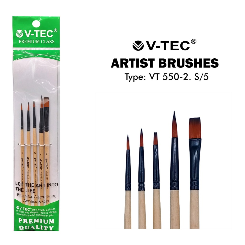 

SET KUAS V-TEC VT-550-2 / ISI 5 KUAS NO 1, 2, 1/8, 6, 1/4 ARTIST BRUSHES VTEC ALAT LUKIS BRUSH / M21 STATIONERY JOGJA