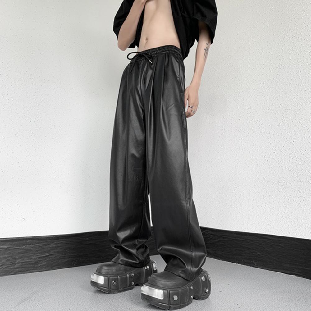 LICRA - Celana Pria Kulit Sintetis Hitam Panjang Tali Serut Faux Leather Pants Wide Waist Hip Hop