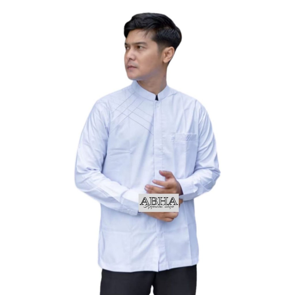ABHA - Baju koko putih pria lengan panjang - Baju Takwa Muslim Dewasa - Baju Hadroh - Motif MARVEL