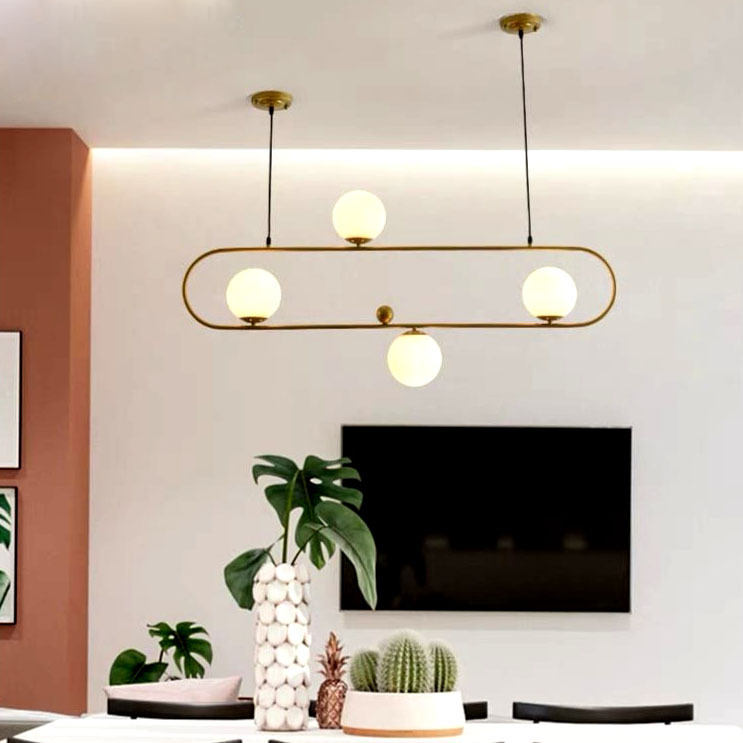 lampu hias gantung gold besi oval bola kaca minimalis elegan modern lighting office living dining ta
