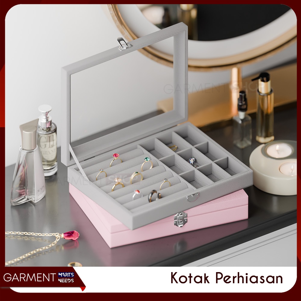 PERDD - Kotak Perhiasan Seserahan Tutup Transparan Persegi Penyimpanan Cincin Kalung Anting Gelang A