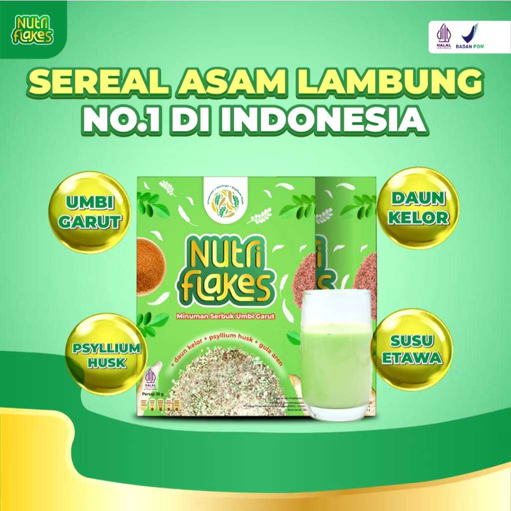 

PROMO 2 BOX - Nutriflakes Sereal Umbi Garut Atasi Asam Lambung HALAL MUI