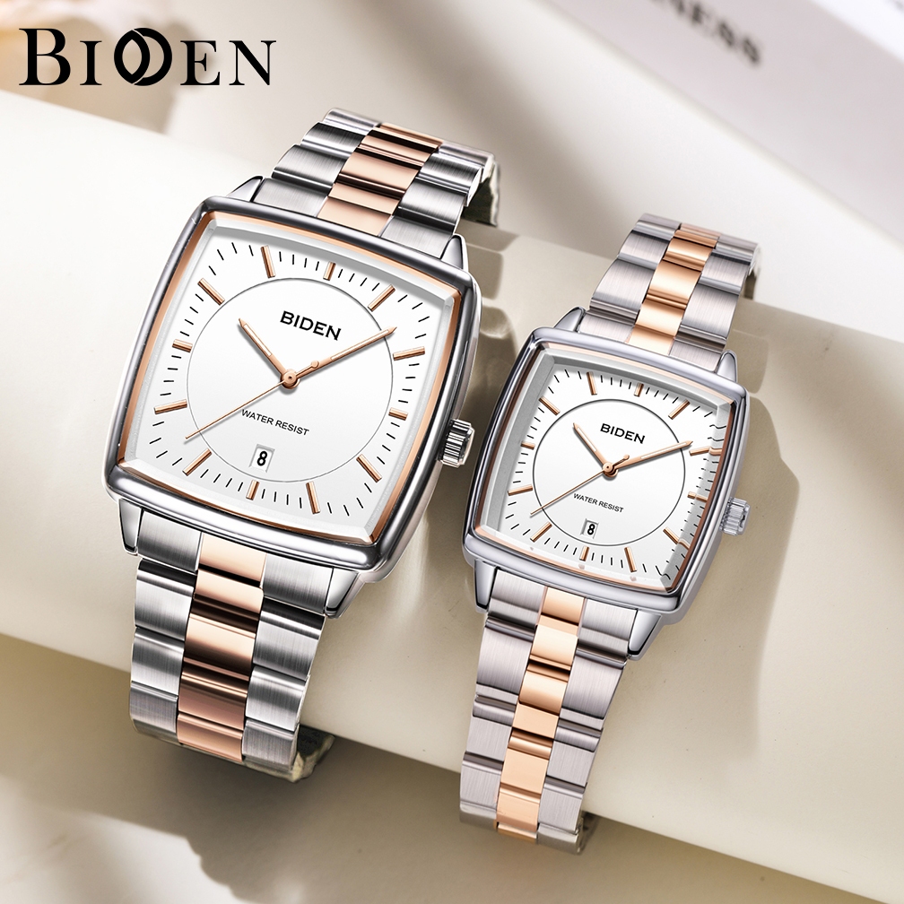BIDEN Jam Tangan Couple Kalender Full Luminous Tali Stainless Steel Kuarsa Klasik Jam Tangan Origina