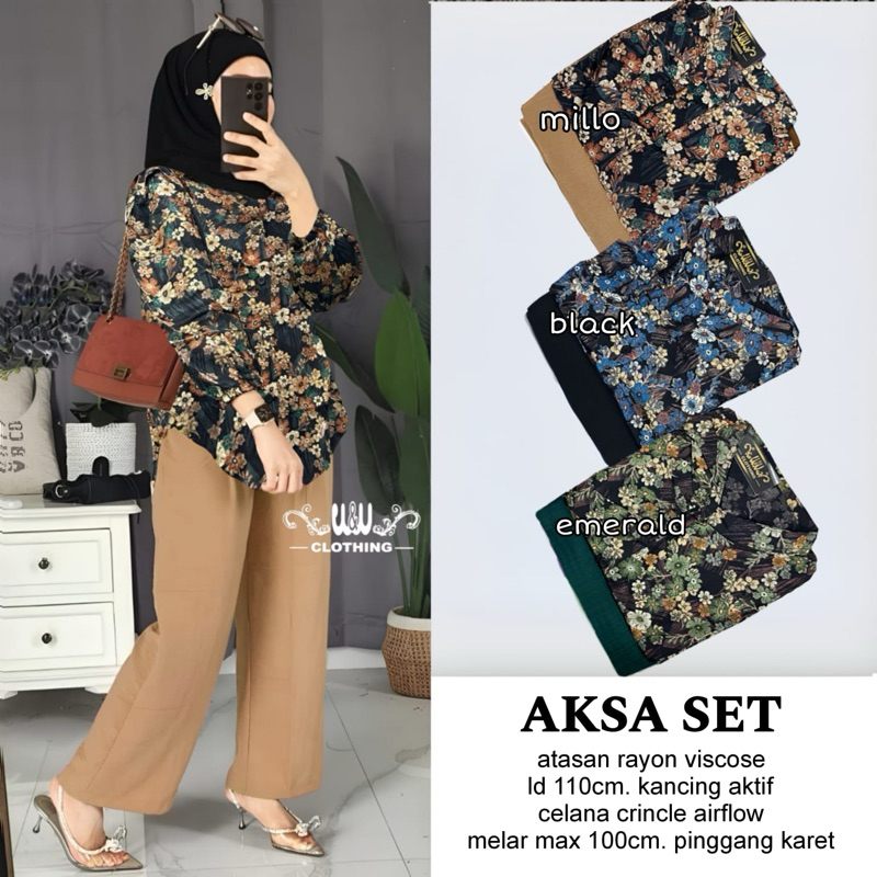 AKSA • GAURI SET  BY W&W CLOTHING | ONESET SETELAN CELANA WANITA CERUTY FULL FURING KULOT POLO LINEN