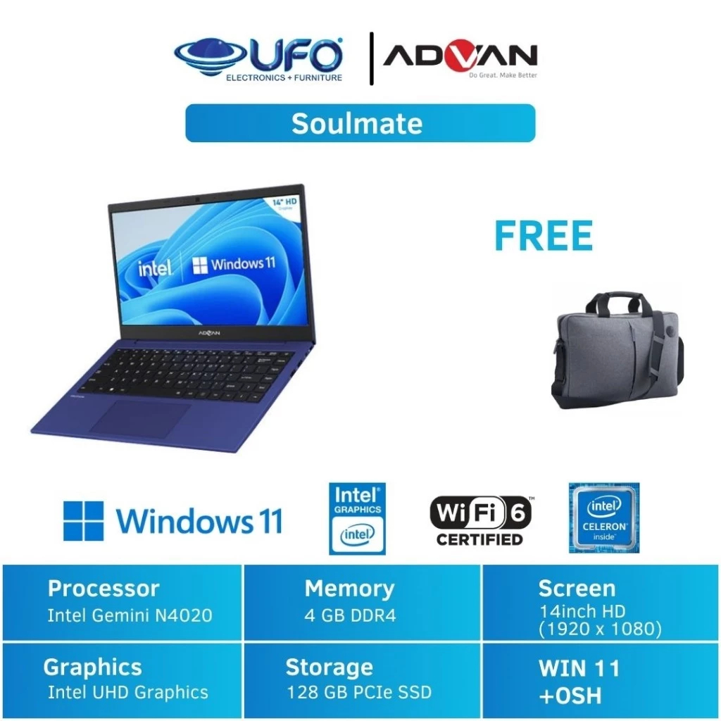 ADVAN SOULMATE LAPTOP RAM 4/128GB CELERON N4020 BLUE & GREY