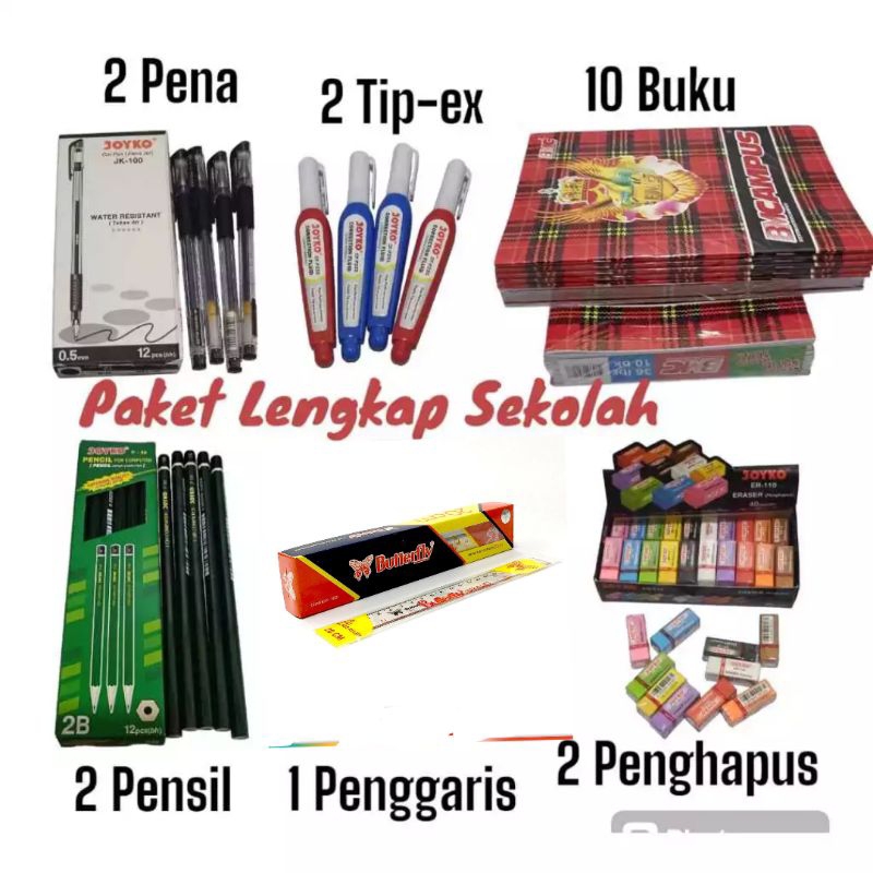 

promo paket lengkap sekolah:2pulpen, 2tipex,2pensil, 2penghapus pensil, 1penggaris dan 1pak buku(10pcs) BMC CAMPUS
