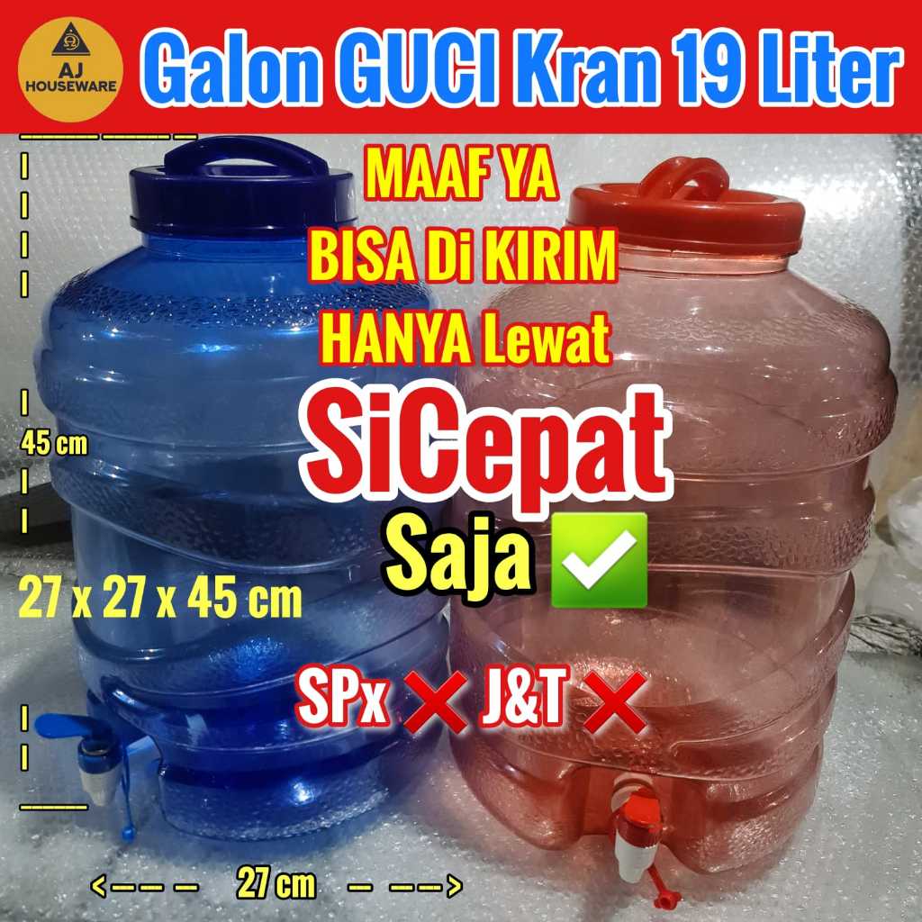 GALON GUCI 19 LITER  KRAN  WARNA TRANPARAN /TEMPAT AIR ISI ULANG / DISPENSER GALON PET/ TONG KRAN