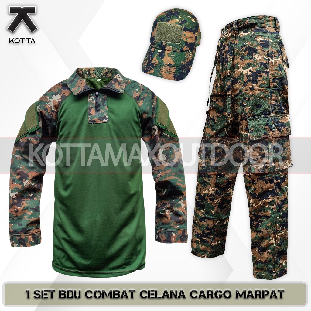 SATU SET SETELAN BAJU KAOS BDU TACTICAL COMBAT CELANA PDL PANJANG CARGO LORENG DIGITAL MARPAT ARMY U