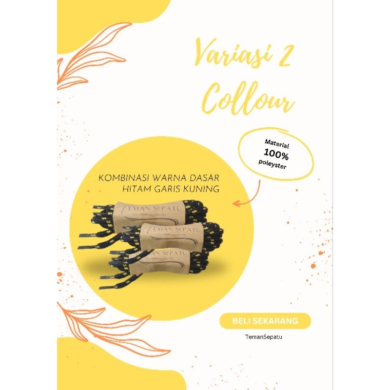 ￼Tali Sepatu Bulat 8 Lubang by Teman Sepatu - Bahan Polyester - Warna Hitam garis kuning - Tali Sepa