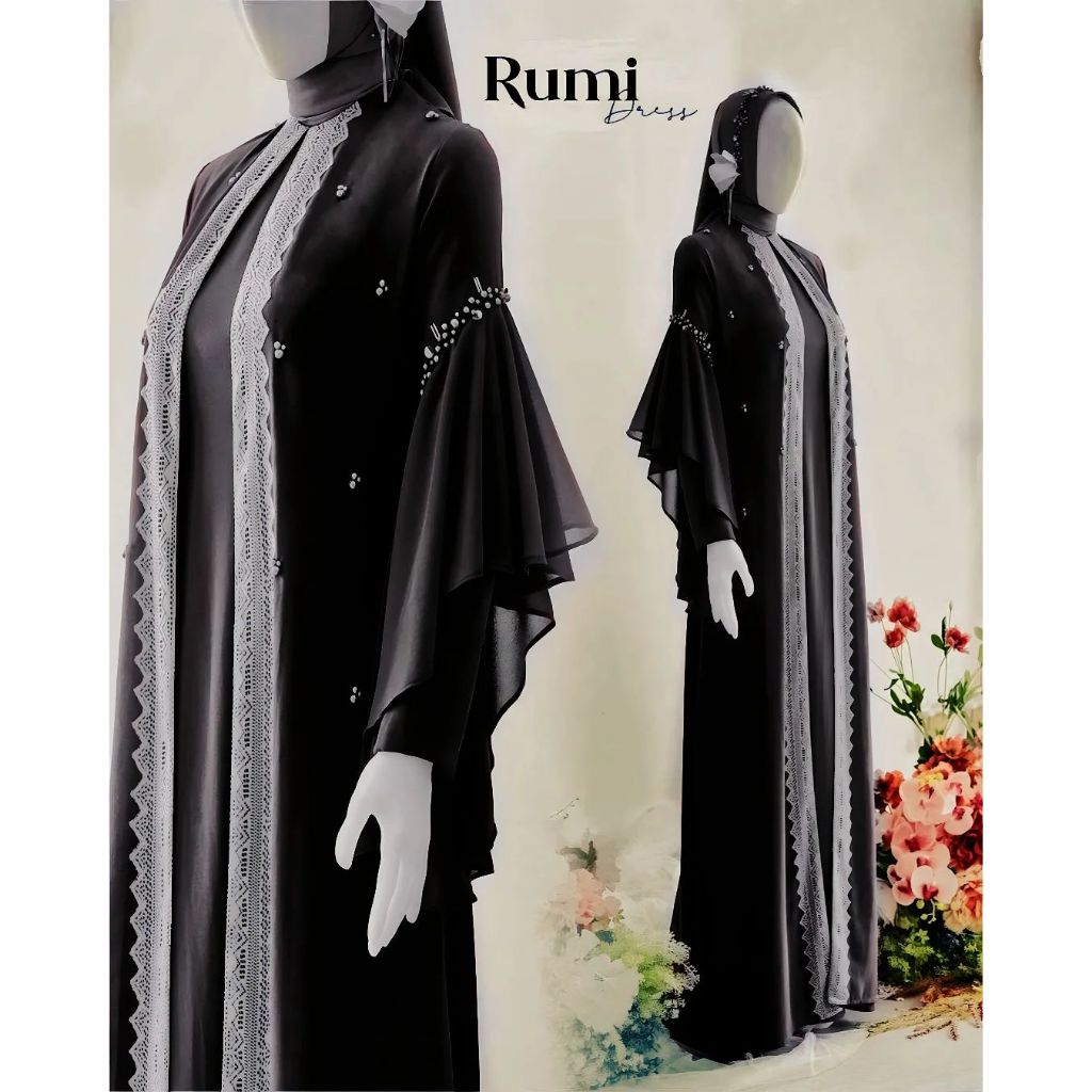 Rumi Abaya Hitam Turki Ceruty BabyDoll Aplikasi Payet Mutiara Mewah Elegant // Abaya Lebaran Remaja