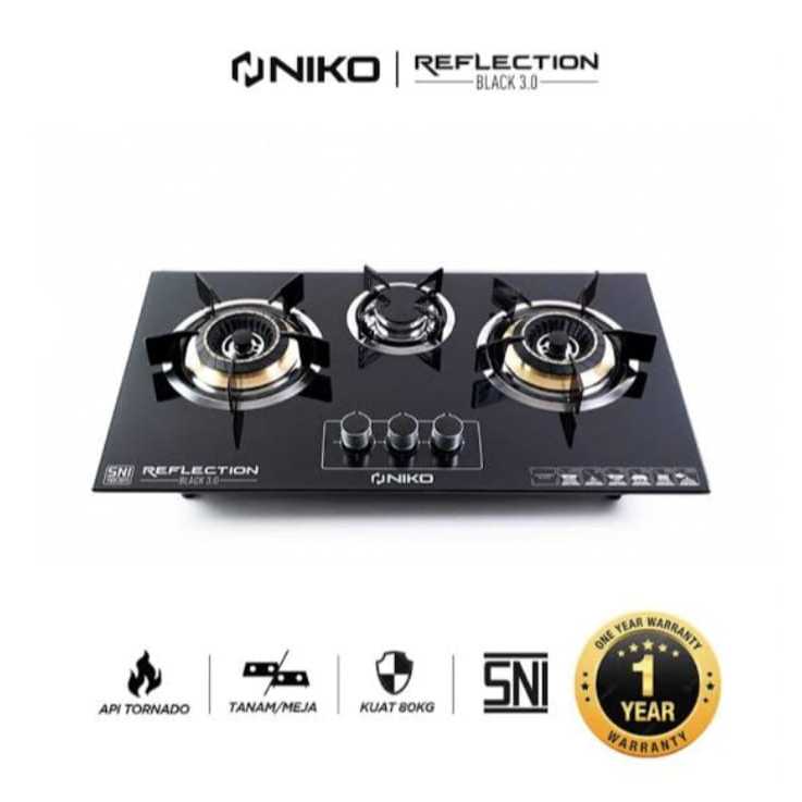 Kompor Niko Tanam 3 Tungku Reflection Black 3.0/Kompor Kaca Tanam 3 Tungku