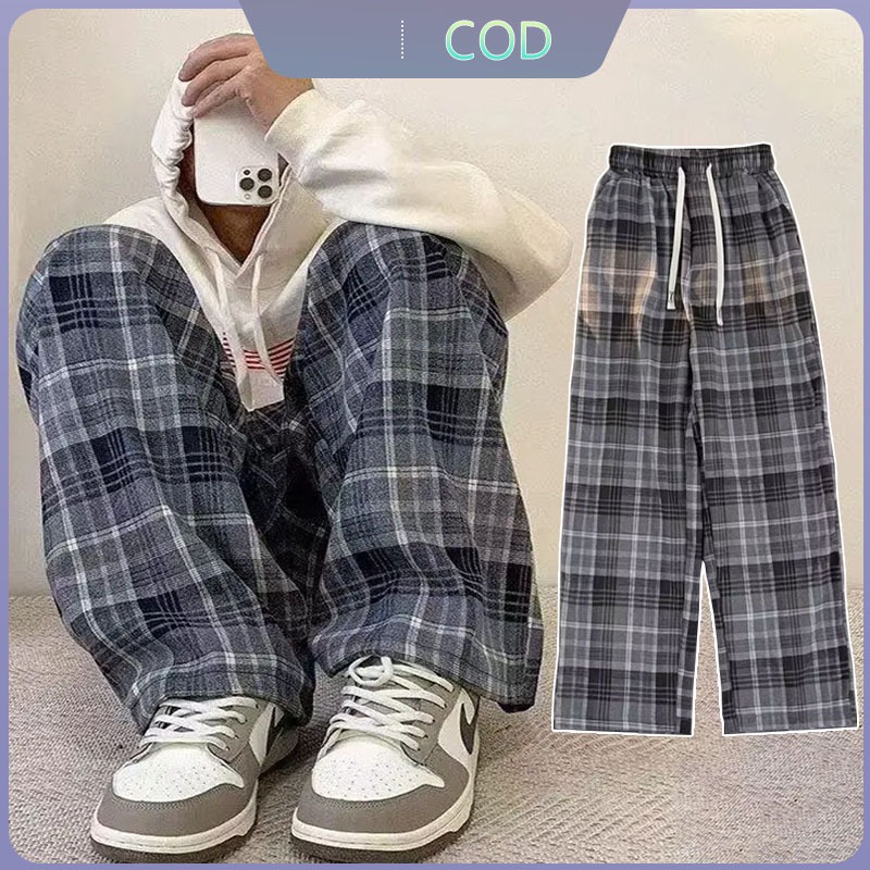 celana panjang pria baggy casual kulot celana kotak-kotak korean style celana chinos pria celana pan